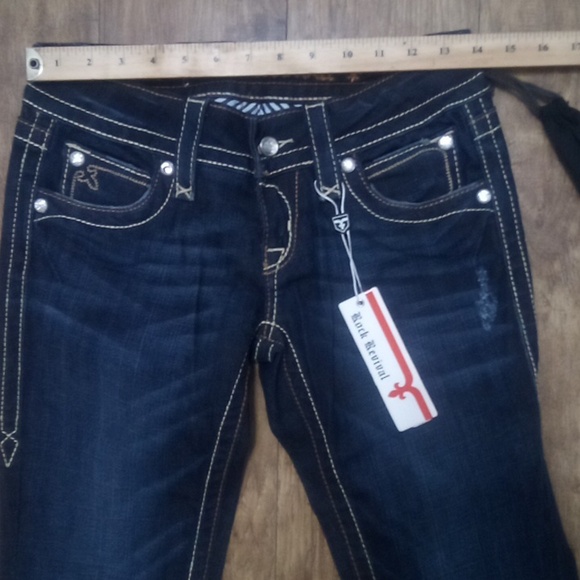 Rock Revival Women's 26 Bootcut Jamie Bejeweled Faux Leather Flap Pockets NWT - Picture 8 of 11